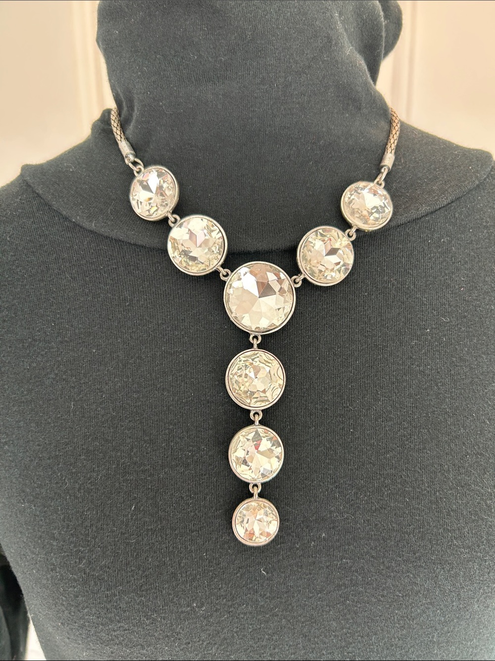 Crystal Drop Y Necklace Silver Tone Statement Jewelry Glam